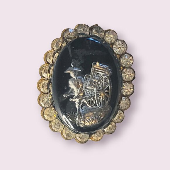 VTG Gold Tone Rhinestone Man Pulling Rickshaw Cart Glass Brooch Pin Estate - Picture 2 of 5